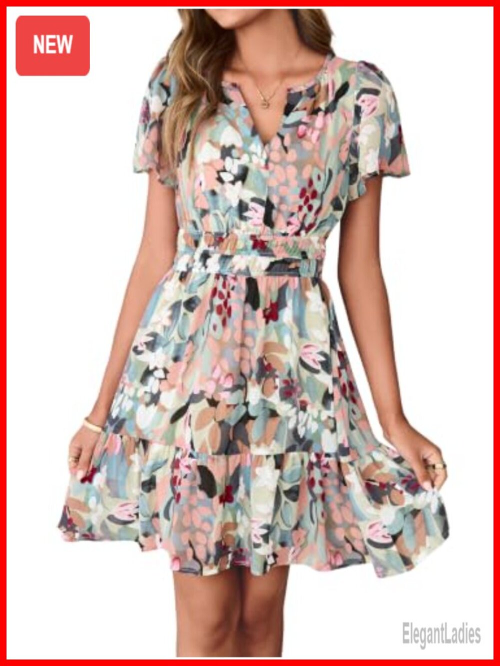 Chiffon A-Line Casual Flowy Boho Mini Dress Short Sleeve V Neck Summer